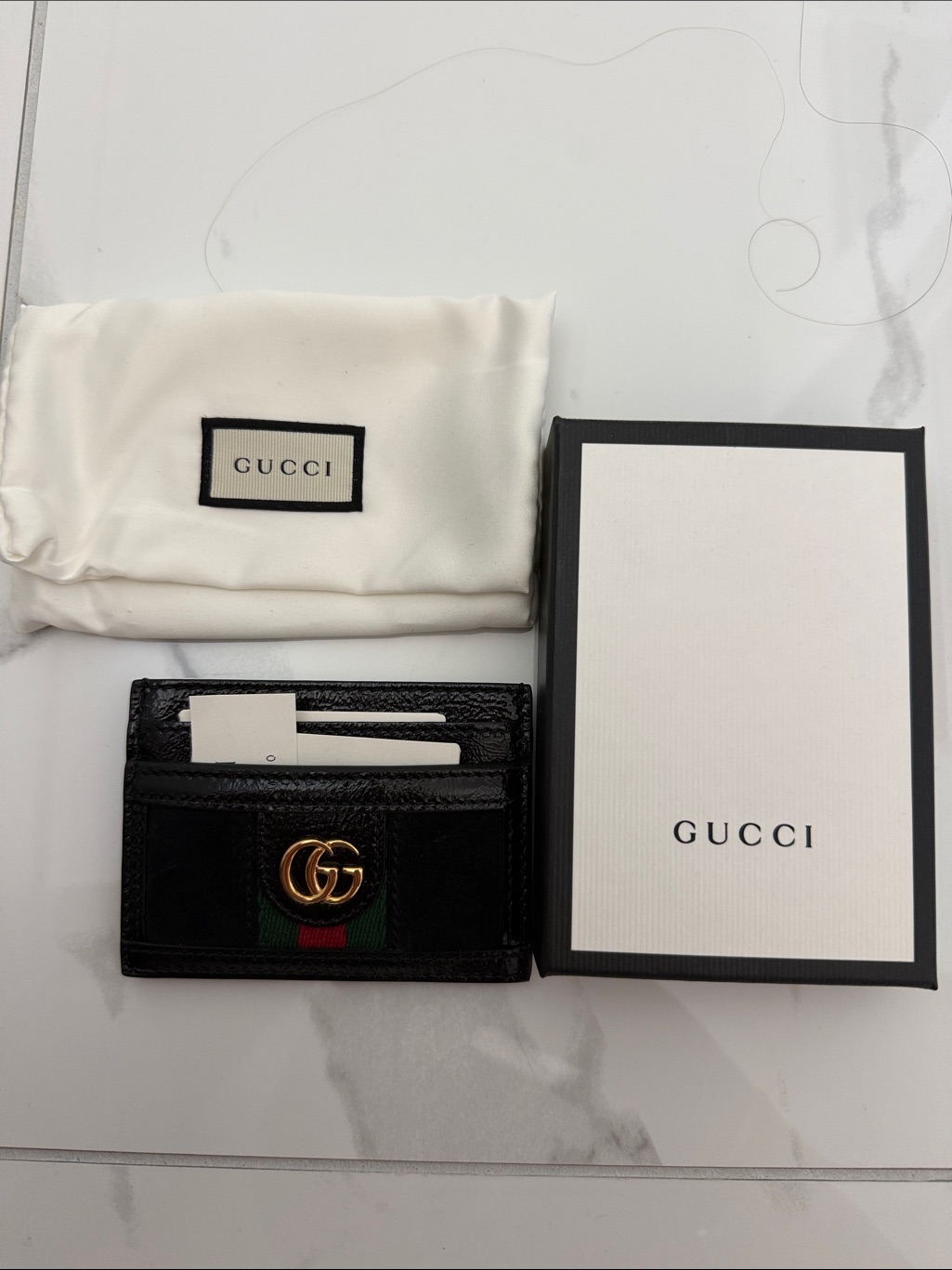 Gucci Black Leather Card Holder With GreenRed Web And Gold Gg Nwt